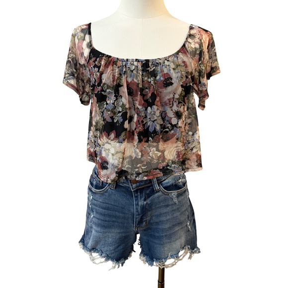 Wet Seal Tops - Wet Seal Floral Mesh Overlay Crop Top Built-in Cami Black XS Y2K Fairy Grunge